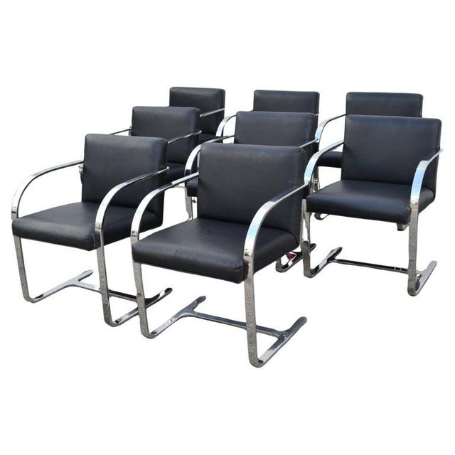Mid-Century Modern Set 8 Attributed to Mies Van Der Rohe for Knoll Stainless Steel Brno Chairs Black Leather 1977 For Sale - Image 3 of 18