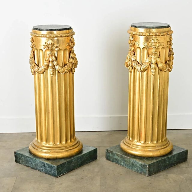 French Pair of Neoclassical Giltwood & Marble Top Columns For Sale - Image 9 of 12