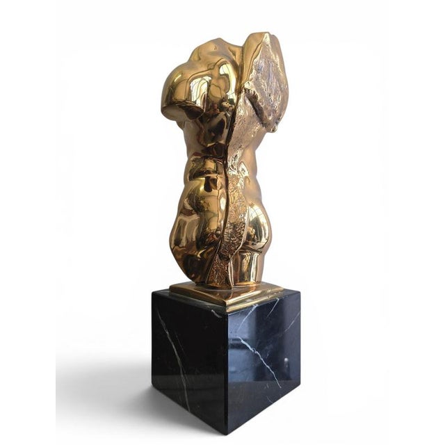 Italian Artist, Gilt Bronze Male Torso on Black Marble Base, 1950s, Bronze For Sale - Image 9 of 13