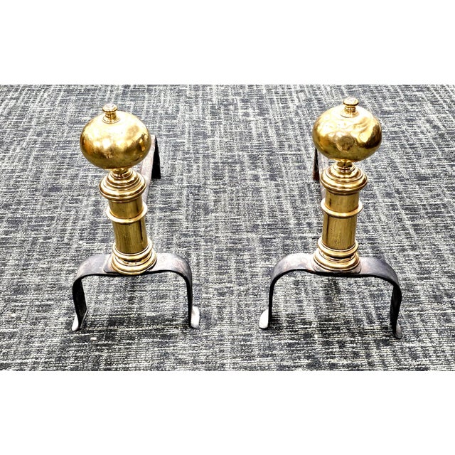 Brass Pair 18th Century Early American Brass and Iron Canon Ball Andirons For Sale - Image 8 of 8