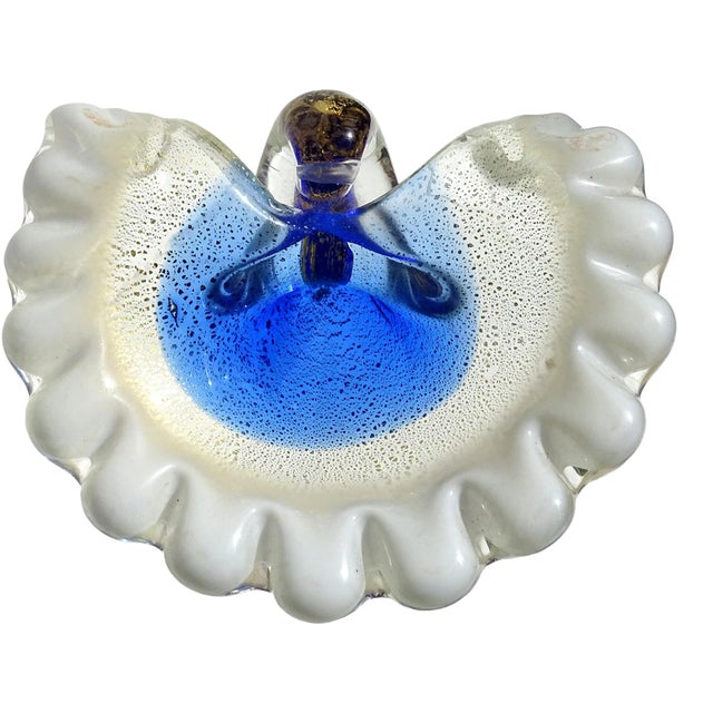 Murano Vintage Blue White Gold Flecks Italian Art Glass Seashell Ring Dish Mid Century Era Decorative Bowl For Sale
