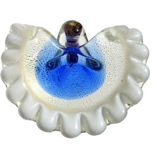 Vintage Murano White Blue Gold Flecks Italian Art Glass Seashell Ring Dish Mid Century Era Decorative Bowl For Sale