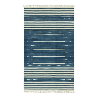 Rug & Kilim's Modern Dhurrie Rug in Blue with White Stripes & Geometric Patterns - 13x19 For Sale