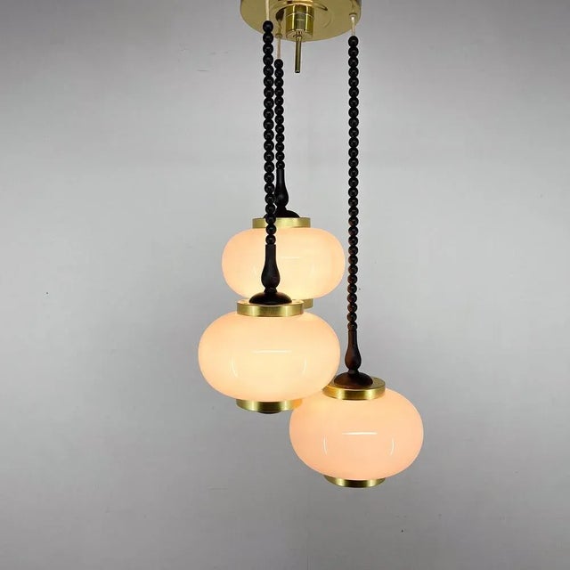 Mid-Century Wood, Milk Glass & Brass Cascade Chandelier, Poland, 1970s For Sale - Image 4 of 13
