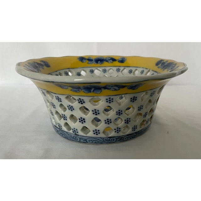 Vintage Blue and Yellow Reticulated Basket Bowl For Sale In Atlanta - Image 6 of 7