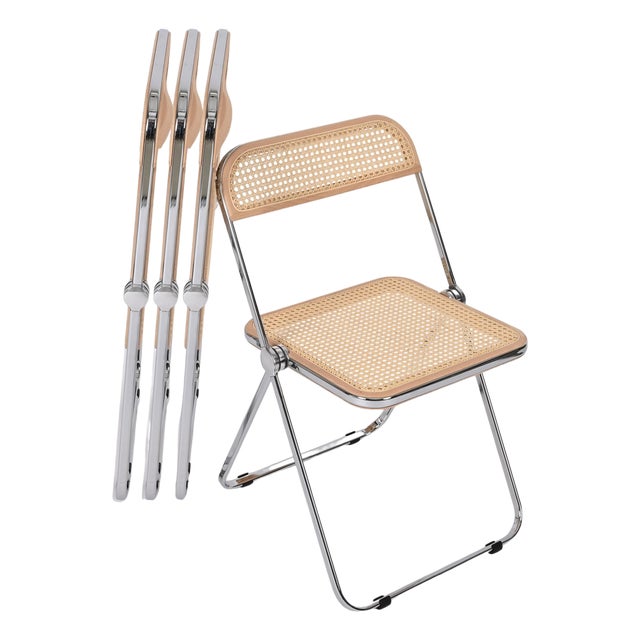 Italian Cane and Chrome Plia Chairs by Piretti for Castelli, 1970s, Set of 4 For Sale