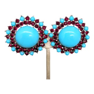 Vintage 1950s Signed Crown Trifari Big Cabochon Faux-Turquoise & Faux-Garnet Clip Earrings-2 Pieces For Sale