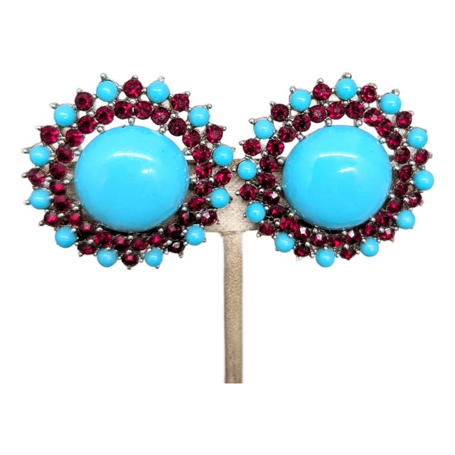 Vintage 1950s Signed Crown Trifari Big Cabochon Faux-Turquoise & Faux-Garnet Clip Earrings-2 Pieces For Sale