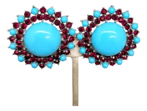 Vintage 1950s Signed Crown Trifari Big Cabochon Faux-Turquoise & Faux-Garnet Clip Earrings-2 Pieces