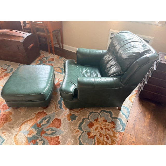 Shabby Chic Hancock & Moore Styled Green Leather Club Chair With Ottoman For Sale - Image 3 of 9