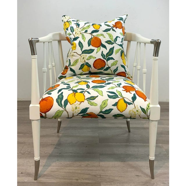 Original Retail $8200, stylish Caracole Couture Italian Modern White Lounge Chairs Pair, white wood frames with silver...