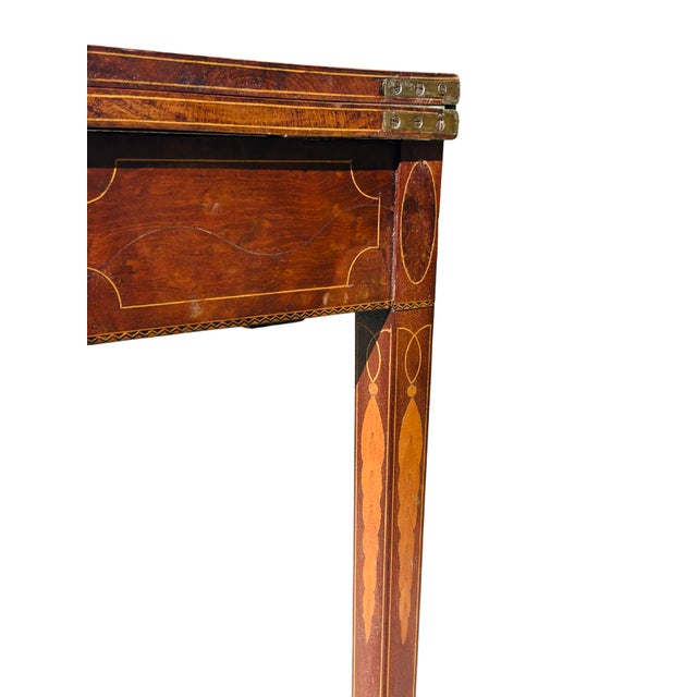 Brown 19th Century Federal Style Mahogany & Satinwood Inlaid Card Table – Antique Hepplewhite Flip-Top Game / Demilune Console Table For Sale - Image 8 of 14