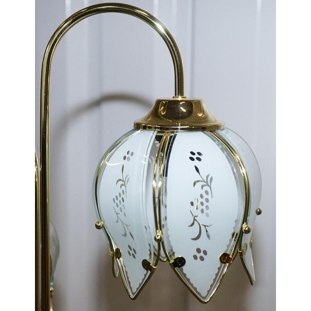 Glass Mid-Century Hollywood Regency Brass and White Glass Tulip Floor Lamp For Sale - Image 7 of 11