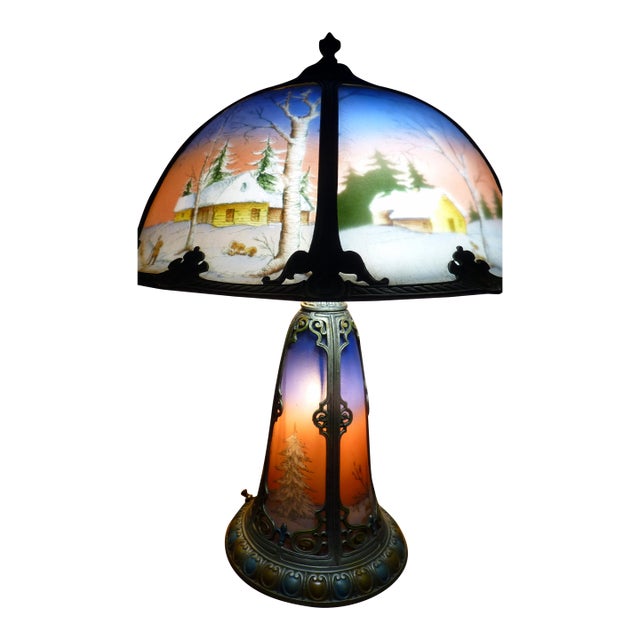 1910s Miller Phoenix Art Deco Winter Landscape Reverse Painted Lamp – Ice Chip Glass – Illuminated Base – Penny Marshall Estate For Sale
