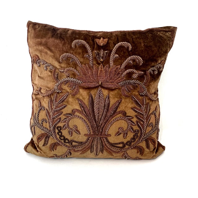 John-Richard John-Richard Metallic Bullion Emboidered Brown Velvet Throw Pillows - Pair For Sale - Image 4 of 18