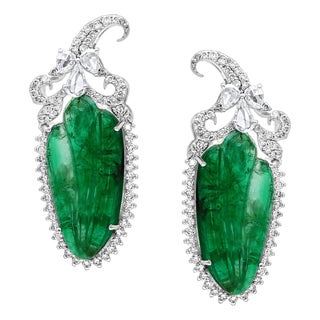 22 Ct Carved Emerald & 2 Ct Diamond Earrings 18 Karat White Gold Post Earrings For Sale