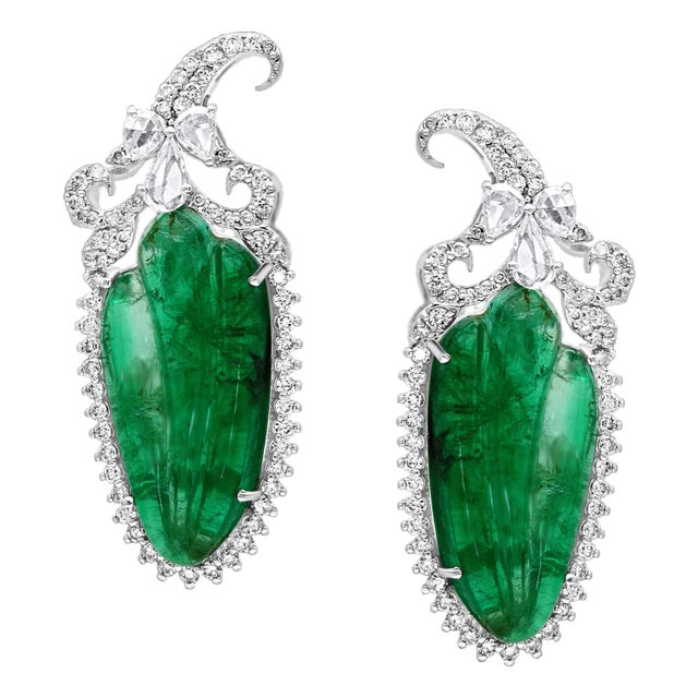 22 Ct Carved Emerald & 2 Ct Diamond Earrings 18 Karat White Gold Post Earrings For Sale