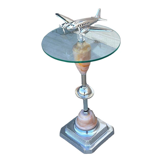 1930s Light Up Chrome Airplane Streamline Art Deco Drink Side Glass Top Table W/ Art Glass Base For Sale