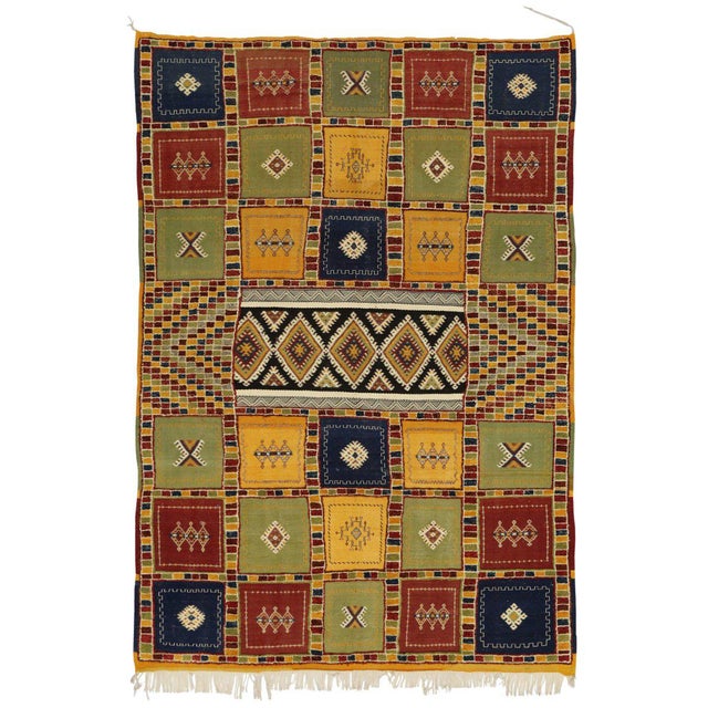 Berber Moroccan Kilim Rug with HighLow Pile, FlatWeave Rug with