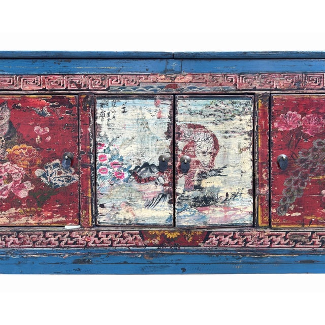 1970s Chinese Distressed Blue Red Tiger Graphic Sideboard Console Cabinet For Sale - Image 5 of 5
