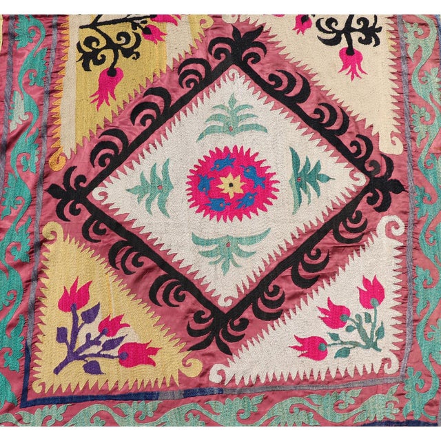 Textile Antique Uzbekistan Suzani Textile With Colorful Geometric Medallion Design For Sale - Image 7 of 15