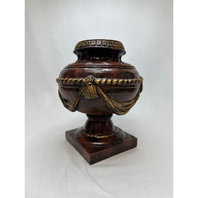 Wood Vintage Italian Renaissance Style Glazed Ceramic Embossed Urn, Gold & Brown For Sale - Image 7 of 12