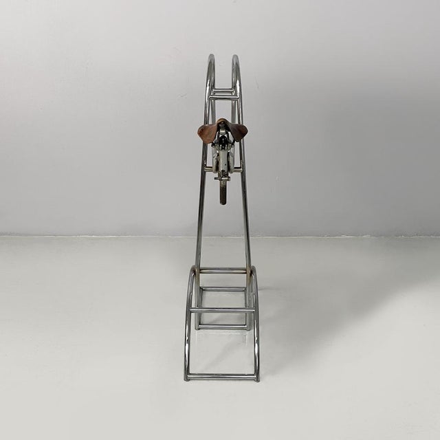 Italian Bar Stool with Brown Leather Bicycle Seat and Chromed Metal, 1970s For Sale - Image 4 of 18