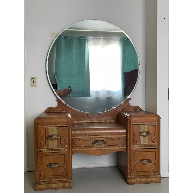 Vintage Art Deco Waterfall Makeup Vanity With Storage & Mirror Chairish