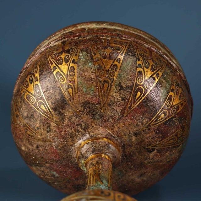 Vintage Chinese Bronze Stemmed Censer, Intricate Gold Inlaid Pattern, Archaic Style Incense Burner For Sale - Image 9 of 10