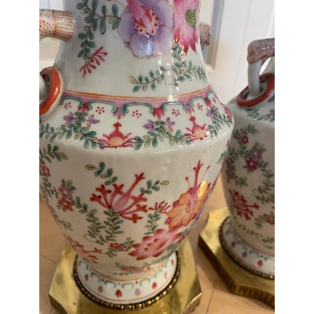 Vintage Chinese Export-Style Famille Rose Porcelain Vase Mounted Table Lamps - a Pair For Sale - Image 10 of 12