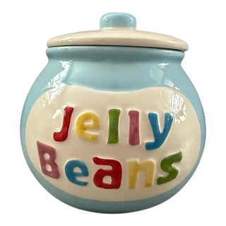 Vintage Pastel Jelly Beans Ceramic Cookie Jar, Colorful Raised Lettering For Sale