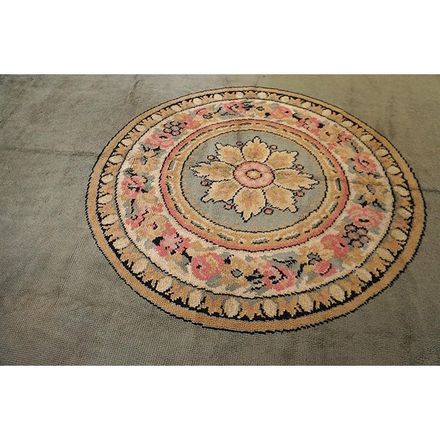 Early 20th Century 1900s Green Asparagus Medallion Antique Irish Donegal Arts & Crafts Rug 12'6" X 18' Knotted Wool Carpet For Sale - Image 5 of 6