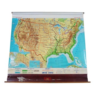 Original Mid Century Cram’s Pull Down Us School Map Usa Wall Map Geography 63" For Sale