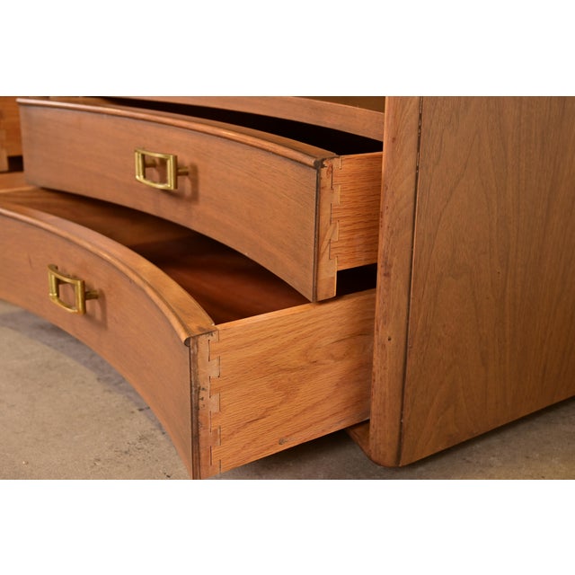 Brown A Pair of Paul Frankl for Johnson Furniture Mid-Century Modern Concave Walnut Nightstands, Circa 1950s For Sale - Image 8 of 14