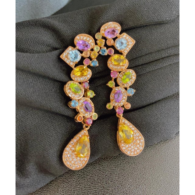 Bochic Vintage Cascading "Capri" Multi Natural Gem Earrings 18K Gold & Silver For Sale - Image 17 of 18