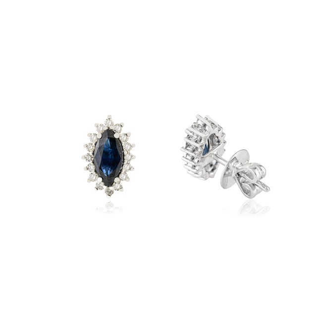 Not Yet Made - Made To Order 14k Gold Round Diamond & Marquise Cut Deep Sapphire Stud Earrings- 2 Pieces For Sale - Image 5 of 14