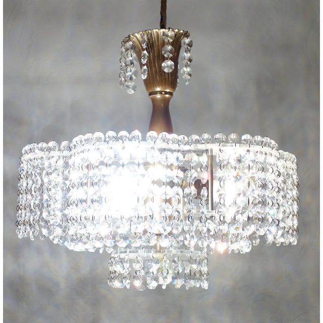 Antique Brass Lead Crystal Three-Light Chandelier, 1930s For Sale - Image 10 of 11
