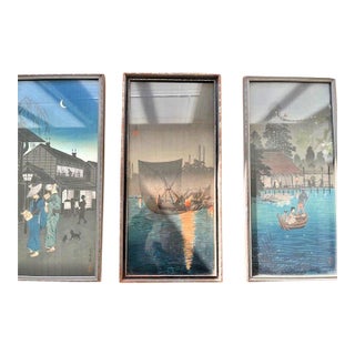 Early 20th Century Hiroshige Night Prints: 14.5x6.5" Trio in Antique Henry Swasey Frames For Sale