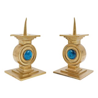 Vintage Brass Candlesticks with Blue Stone, Set of 2 For Sale