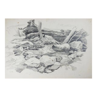 Vintage Rustic Rocky Stream Pencil Study Drawing For Sale