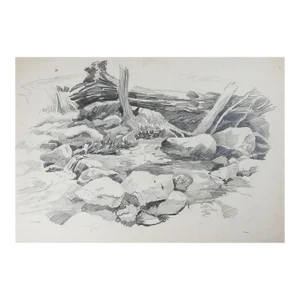 Vintage Rustic Rocky Stream Pencil Study Drawing