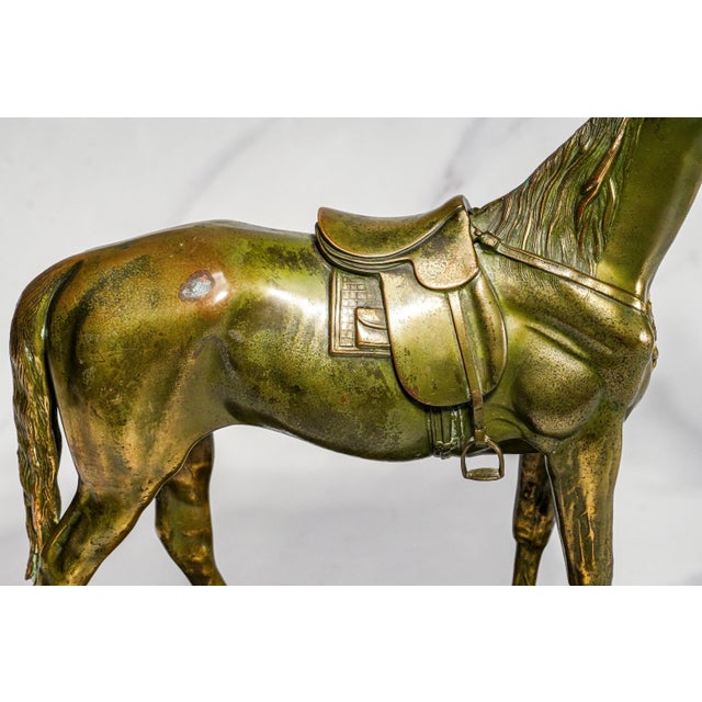 1930s Stately Large Equestrian Antique Saddled Horse Statue Sculpture Cast Metal Marble Base Country Home Decor For Sale - Image 5 of 16