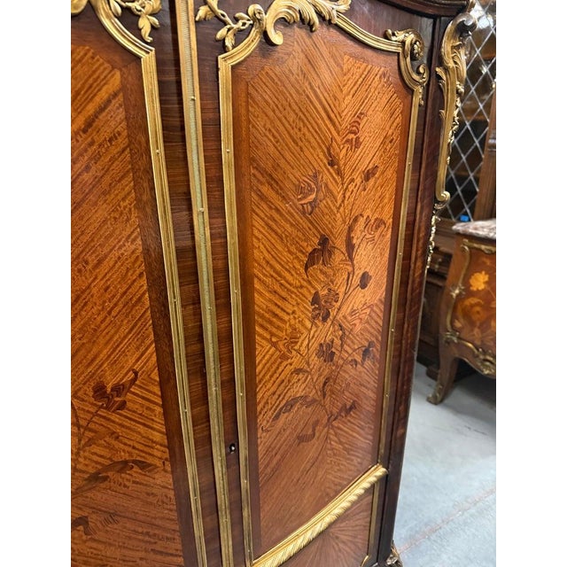 French Louis XV Bronze Mounted Rosewood Marble Top Cabinet Adjustable Shelves For Sale - Image 4 of 14