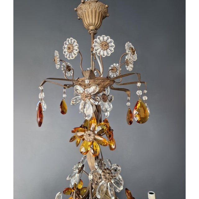 1950s Amber Crystal Glass Brass Flower Chandelier For Sale - Image 10 of 13