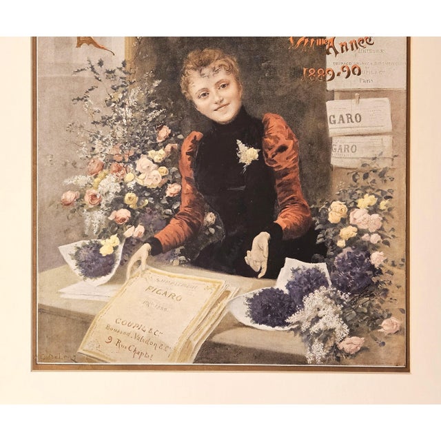 Art Nouveau 1889 Antique French Figaro Illustre Chromolithograph-Flower Seller, Matted For Sale - Image 3 of 4
