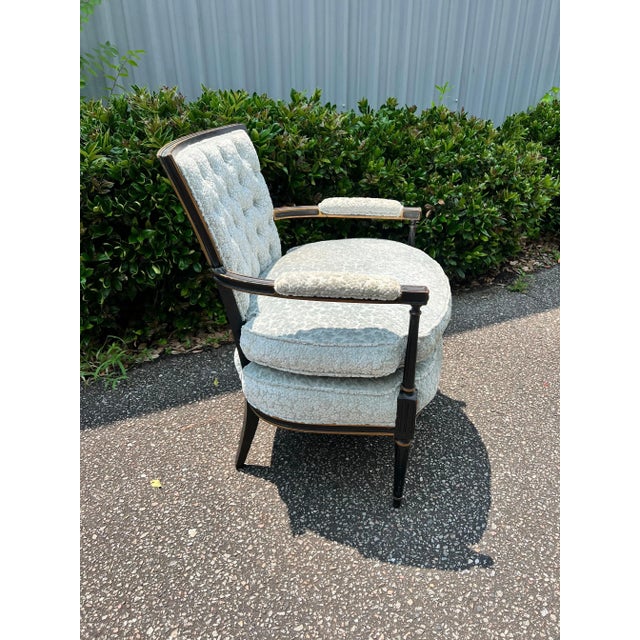 Mid 20th Century Custom Vintage Louis XVI Blue raised Velvet Floral Bergere Armchair For Sale - Image 5 of 8