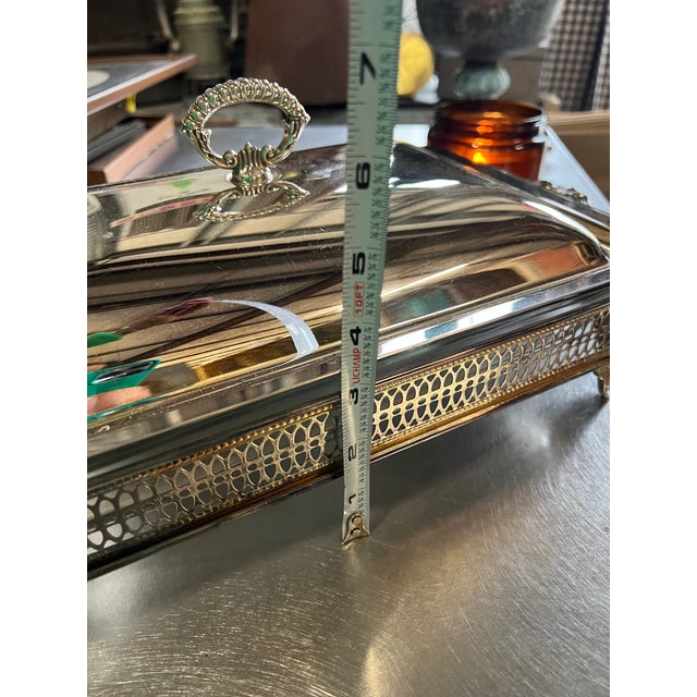 Vintage Silver Metal Footed Serving Dish With Lid and Glass Inlay For Sale - Image 9 of 12