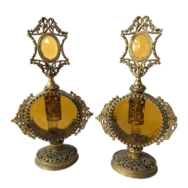 Hollywood Regency Amber Glass & Brass Perfume Bottles For Sale