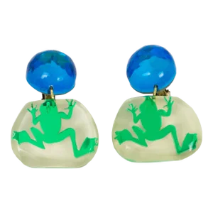 Kaso Green and Blue Frog Lucite Dangle Clip Earrings - 2 Pieces