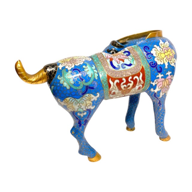 Metal Vintage Chinese Cloisonné Horse Figurine Enamel Brass Statue Blue Red Gold 8.5" For Sale - Image 7 of 15